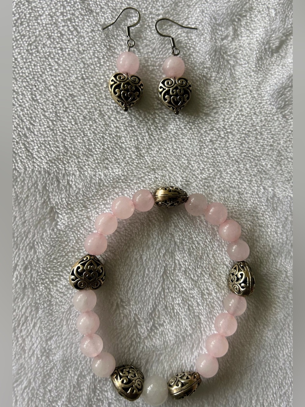 Delicate Pink Bead Bracelet and Earring Set with Antique Gold Hearts